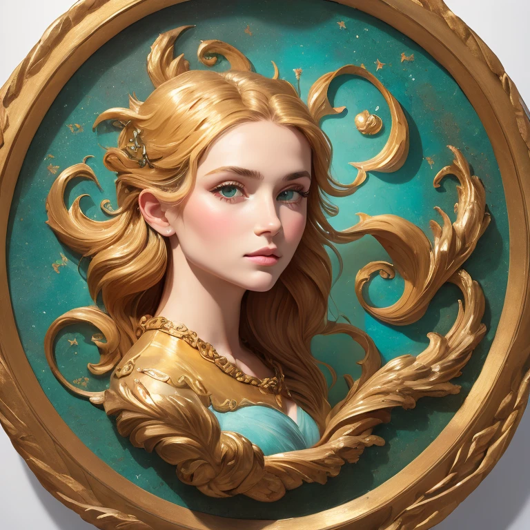 bronze turquoise mix, bas - relief carved in fluorescent aquamarine and green marble mix, beautiful portrait of celtic young beautiful woman, oil painting knife palette sculpture, square metallic rag background, straight head, van gogh, swirls spiral at the background, gold circle