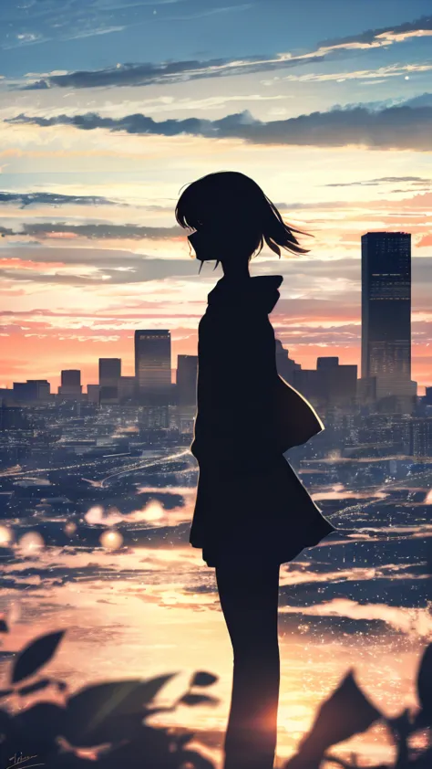 anime,silhouette,1girl, cloud, outdoors, skyscraper, city lights, blue sky, skyline,morning,waking,in nature,mountain,couple