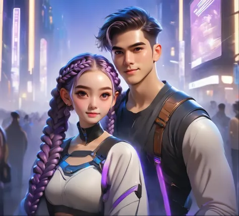 1 boy,Girl with purple and white gradient double braids,romantic couple,Smiling Face,as thick as thieves,Background blur,high qu...