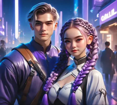 1 boy,girl with purple and white gradient double braids,romantic couple,smiling face,as thick as thieves,background blur,high qu...