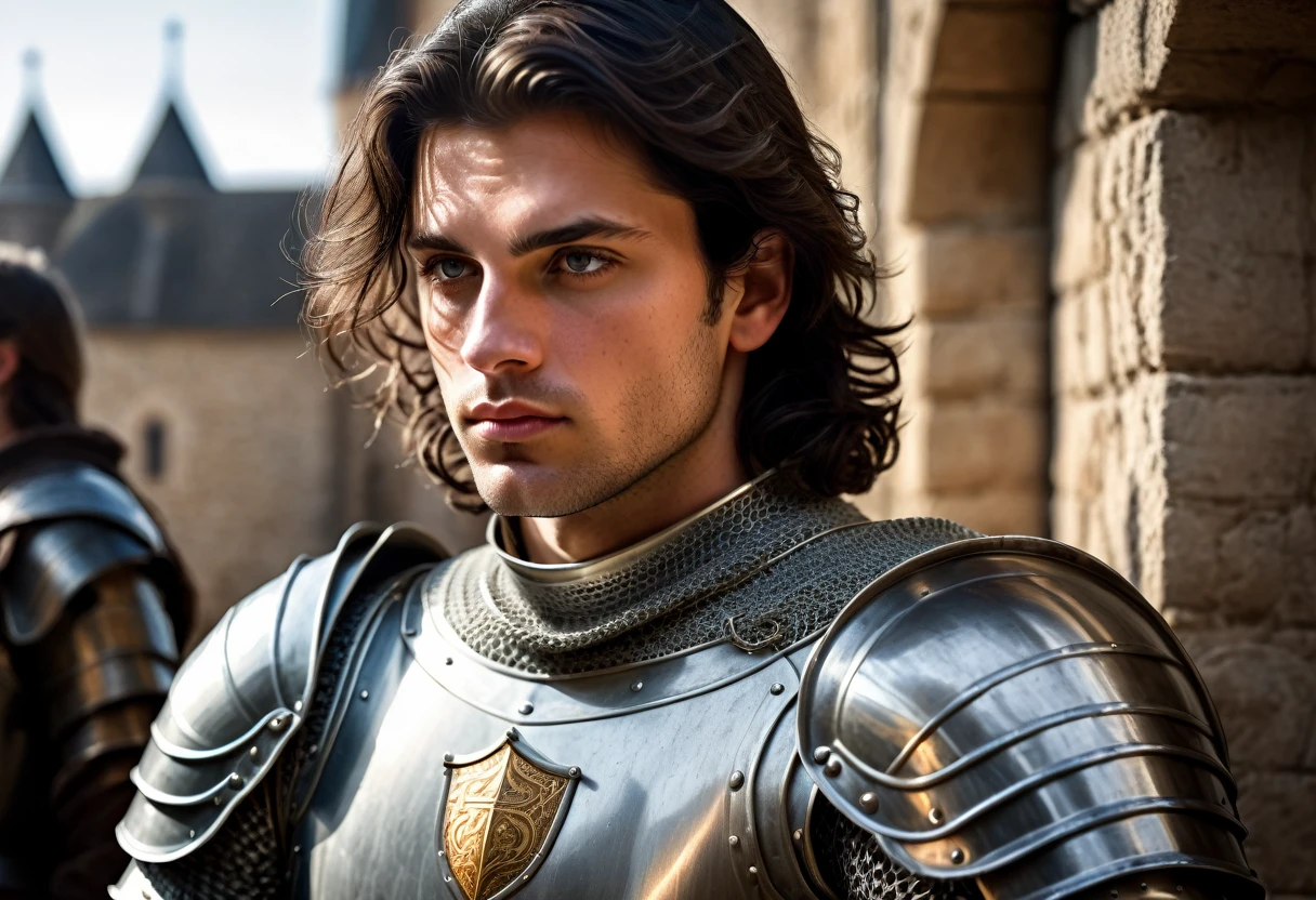 (highly detailed, detailed eyes, soft light, photorealistic, realistic light; cinematic) gorgeous 28-year-old male medieval knight with dark hair wearing full-plate armor looking over his shoulder with longing, looking at camera, expression of vulnerable longing.