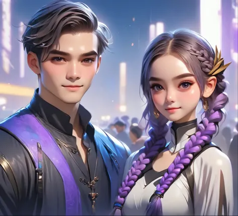 1 boy,Girl with purple and white gradient double braids,romantic couple,Smiling Face,as thick as thieves,Background blur,high qu...