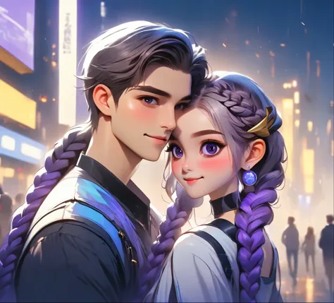 1 boy,girl with purple and white gradient double braids,romantic couple,smiling face,as thick as thieves,background blur,high qu...