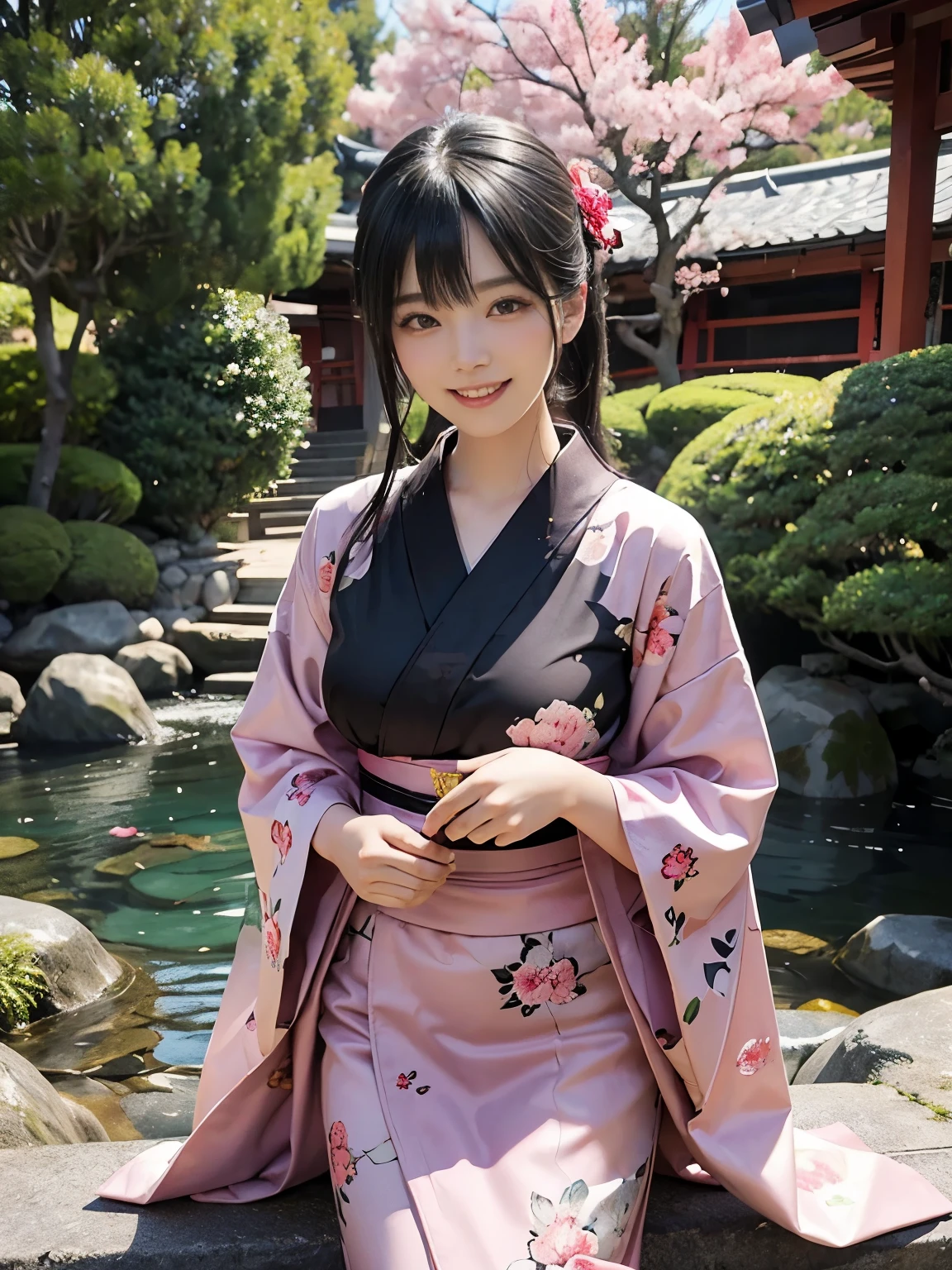 (ultra realistic), (best illustration), (increase resolution), (8K), (masterpiece), (wallpaper), solo, 1 girl, looking at viewers, black straight hair, slender body, plump breasts, pureerosfaceace_v1, happy smile, pink floral Yukata, Japanese Garden