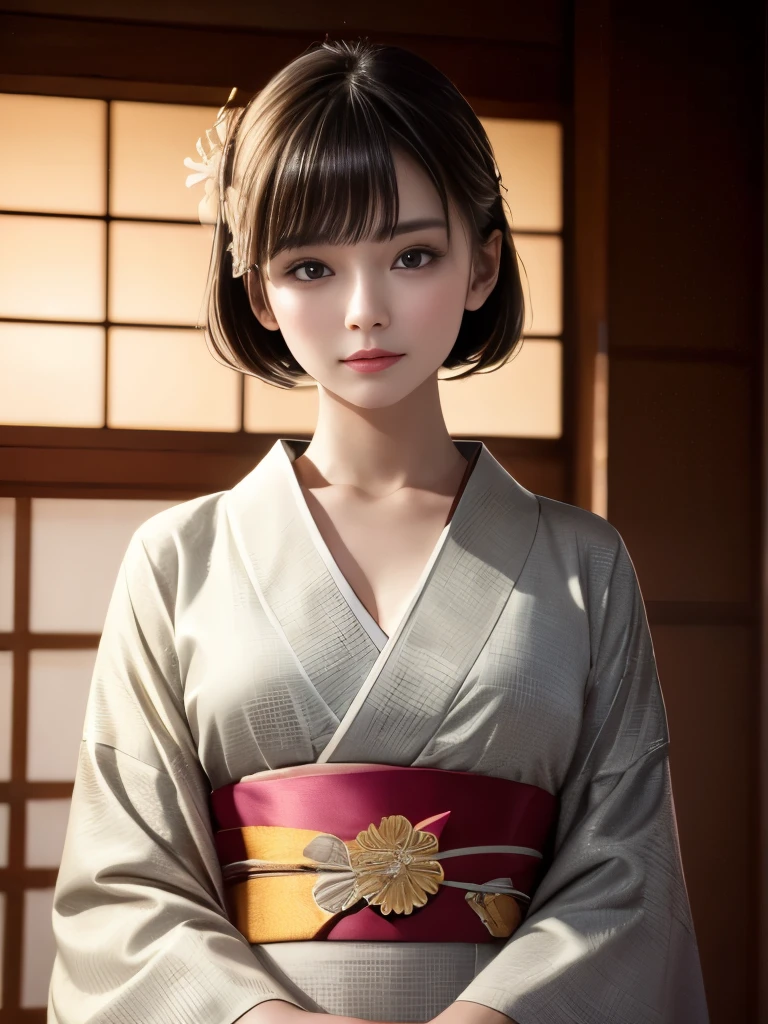 highest quality,masterpiece,Highest Resolution:1.2,Realistic:1.5、 One girl,Kimono Beauty、Beautiful and perfect face,Bobcut,Realistic Skin,Downy hair,Beautiful nape:1.37,clavicle,Expose,Japanese Clothing,kimono, Precise and intricate details、In a Japanese house、Cinematic presentation,8k,The best shade,Depth of written boundary,Focus on the eyes,Very detailed、Perfect body、