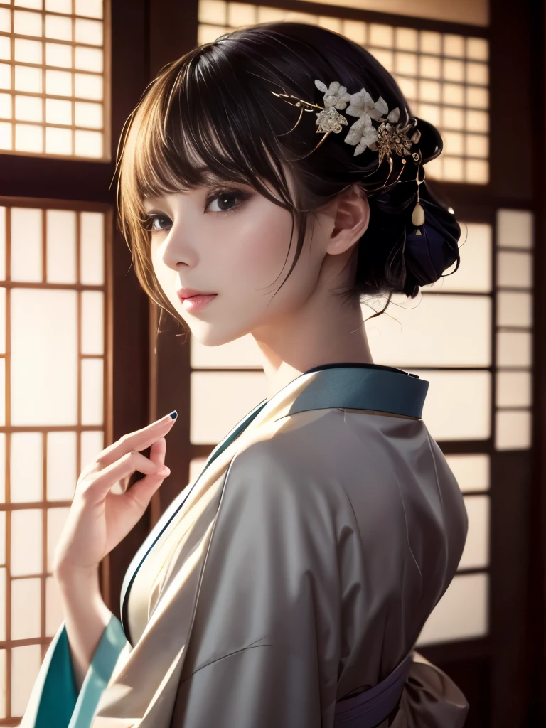 highest quality,masterpiece,Highest Resolution:1.2,Realistic:1.5、 One girl,Kimono Beauty、Beautiful and perfect face,Bobcut,Realistic Skin,Downy hair,Beautiful nape:1.37,clavicle,Expose,Japanese Clothing,kimono, Precise and intricate details、In a Japanese house、Cinematic presentation,8k,The best shade,Depth of written boundary,Focus on the eyes,Very detailed、Perfect body、