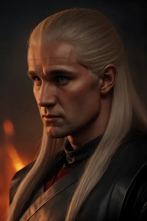 Upic Cinematic poster of Daemon Targaryen, male, silver long hair, strong jaw, concentrated eyes, crimson, ((magical falmes in b...