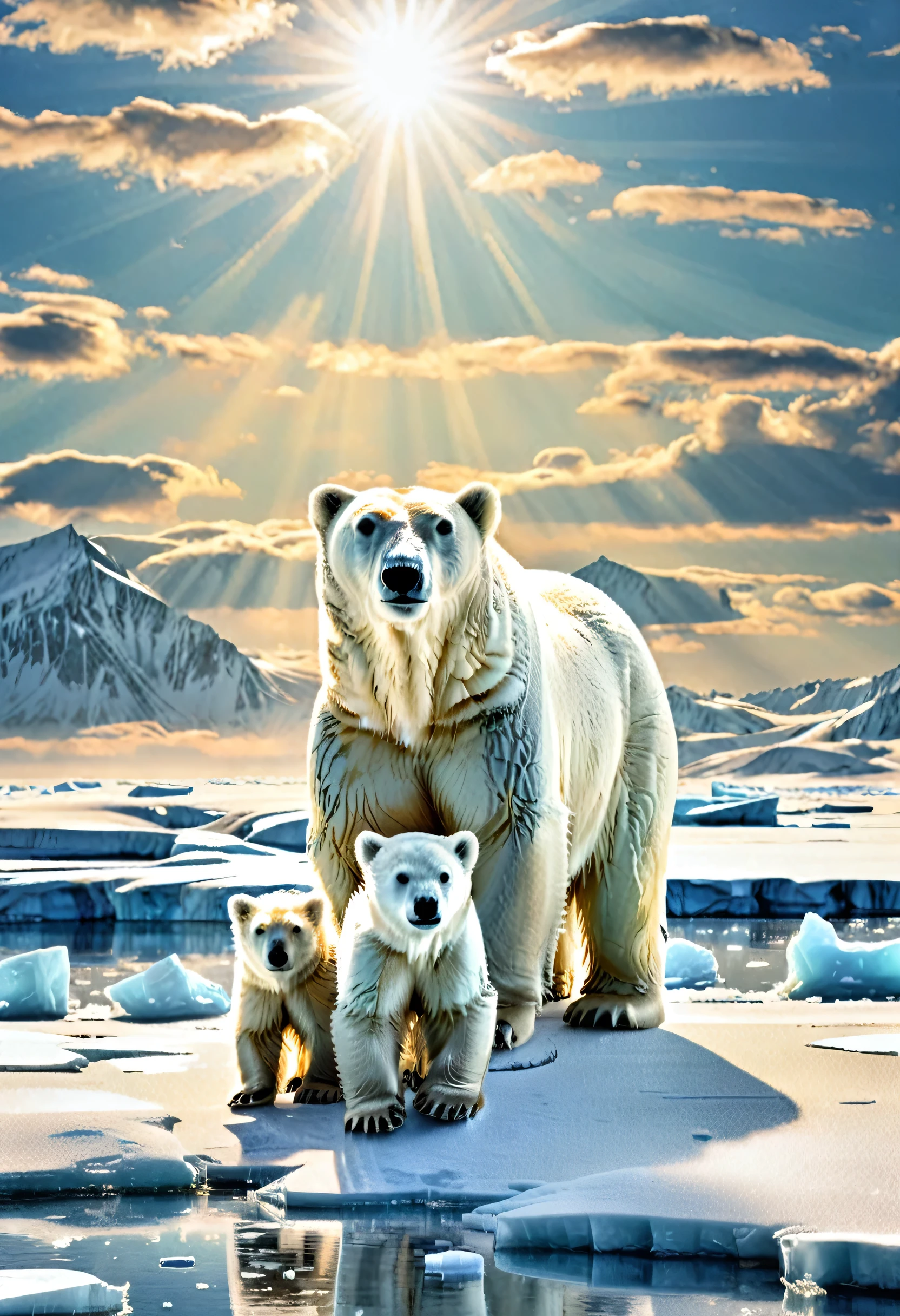 familia de osos polares、hielo Artico、Campo de nieve muy bonito、Refleja la luz del sol y brilla intensamente.、naturaleza、Siente la dureza de la naturaleza en medio de la belleza.、Obra maestra、Ultra Alta Definición、estilo watercoce、