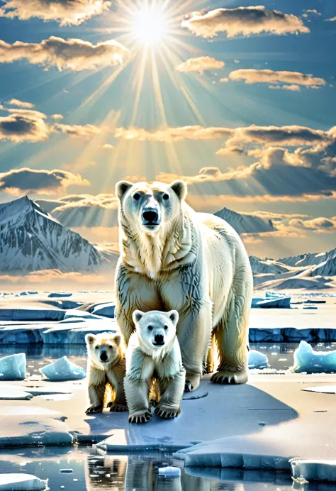 Polar bear family、Arctic ice、Very beautiful snow field、It reflects the sunlight and shines brightly、Nature、Feel the harshness of...