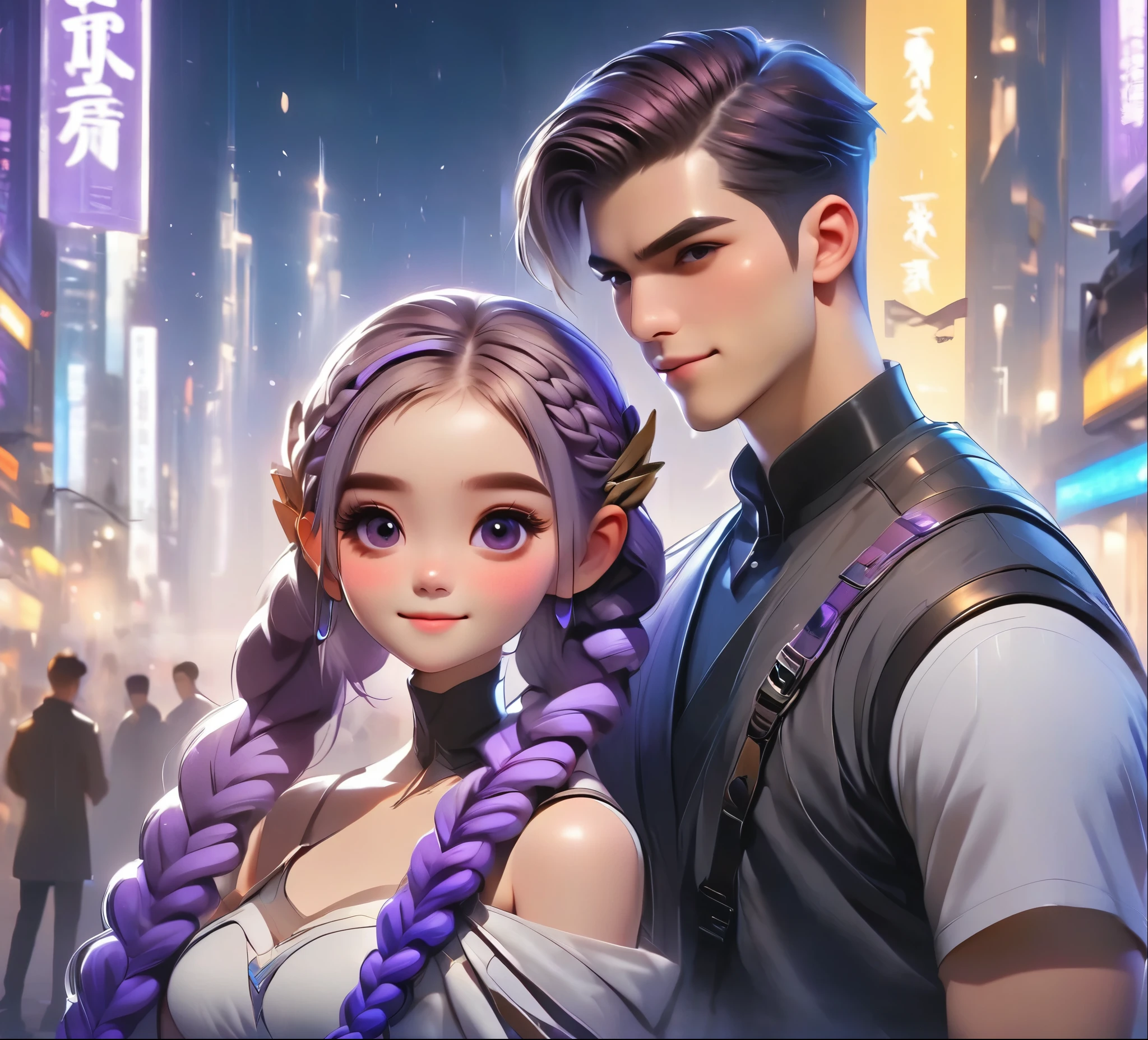 1 boy,Girl with purple and white gradient double braids,romantic couple,Smiling Face,as thick as thieves,Background blur,high quality,Artistic sense,cinematic atmosphere,Luxury lighting