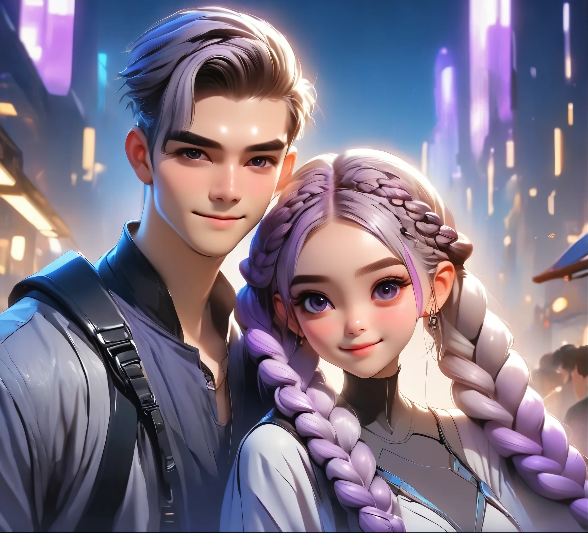 1 boy,Girl with purple and white gradient double braids,romantic couple,Smiling Face,as thick as thieves,Background blur,high quality,Artistic sense,cinematic atmosphere,Luxury lighting