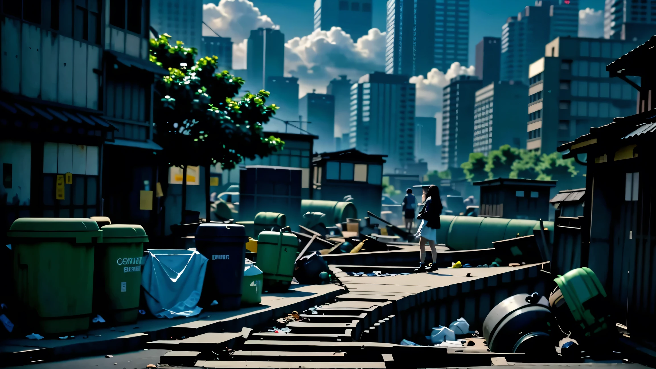(best quality), masterpiece, extremely detailed CG uniform 8K illustration, high color, 1 girl, Stand at front, Portrait of a collapsed area full of garbage, trash cans, garbage, junk, plastic bag, Dirty, Slum City, poverty,  Dim light, Epic, Cityscape, dawn, Clear sky, tree, railway, Cable, Dramatic, River