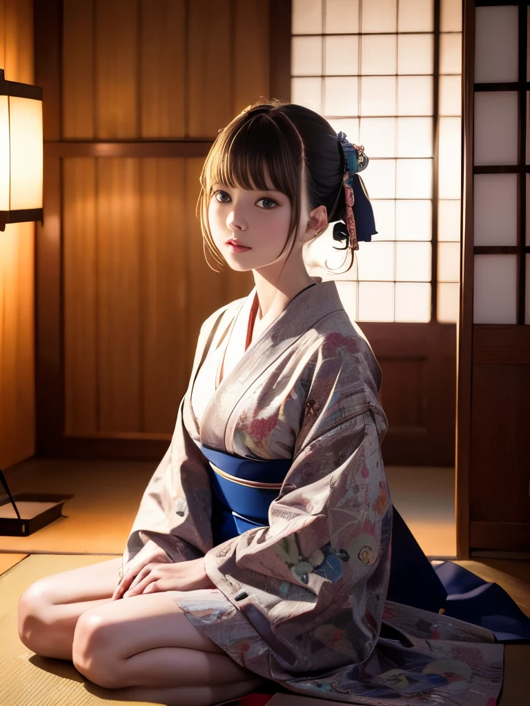最好的质量,杰作,最高分辨率:1.2,实际的:1.5、 一个女孩、美丽完美的脸庞,短截,日本服装,和服, 复杂的细节、在日本的房子里、电影化呈现,8千,最好的阴影,书写边界深度,非常详细、