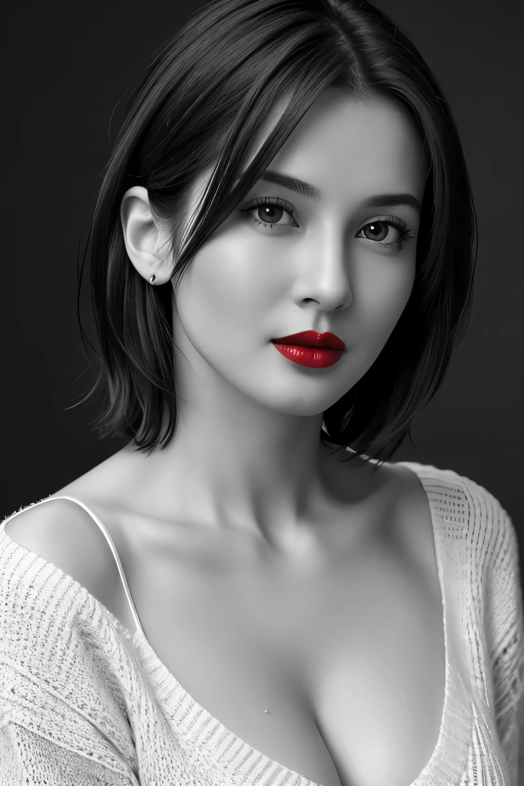 Tabletop, highest quality, Photorealistic, Very detailed, finely, High resolution, 8k wallpaper, RAW Photos, Professional, High level of detail, 1 girl, (((Black and white photography))), (((Red lips))), ((Looking at the camera)), (Look forward), Upper Body, short hair, Bob Hair, (Straight Hair), Shapely breasts, Cleavage, V-neck light knit sweater
