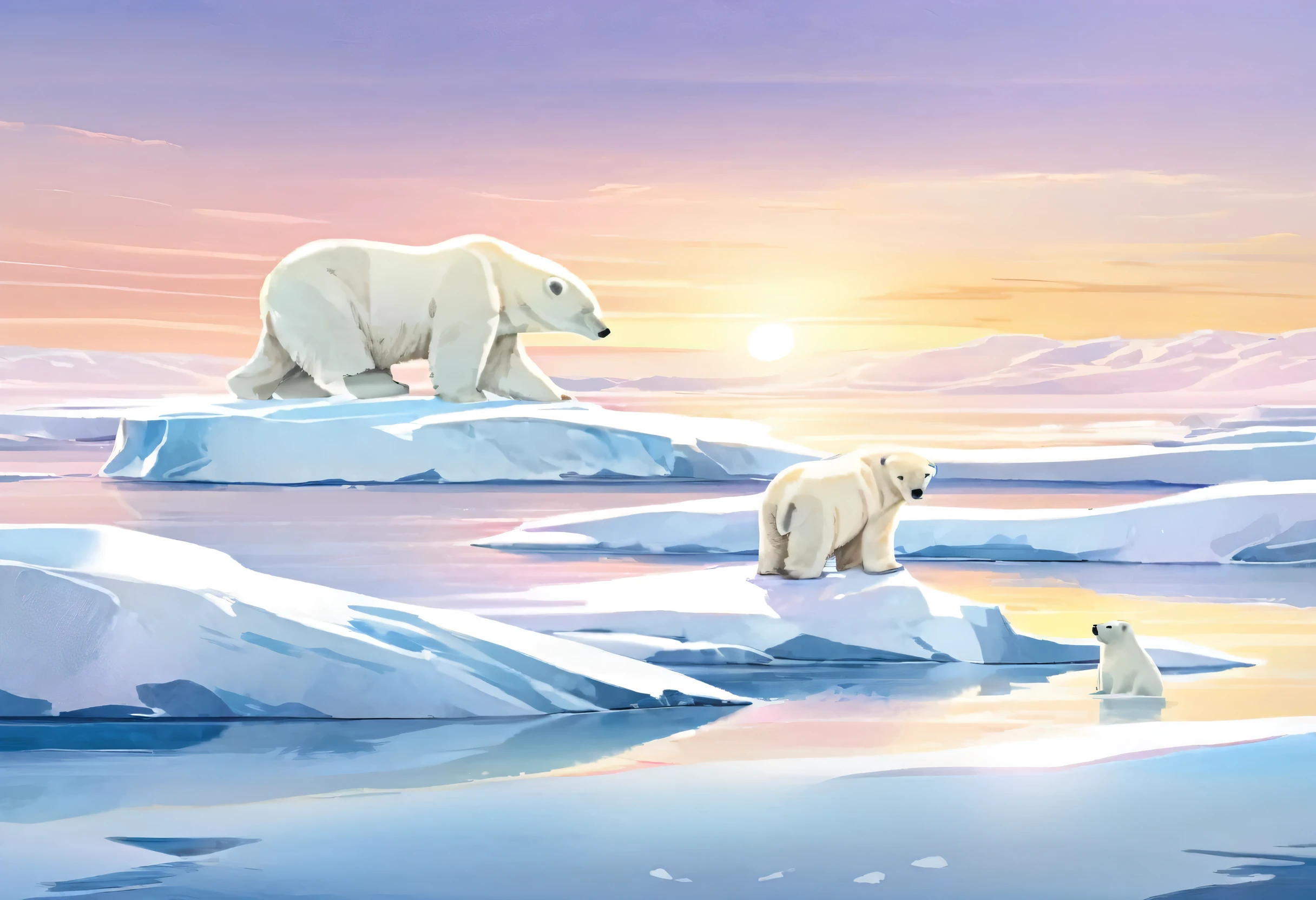 A very small illustration of a mother and  polar bear、Arctic ice、Very beautiful snow field、It reflects the sunlight and shines brightly、Nature、Feel the harshness of nature amidst the beauty、Masterpiece、Ultra high definition、Long Shot