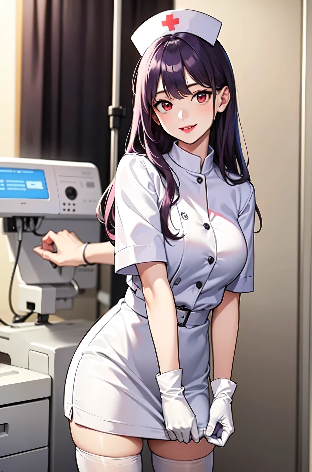 1woman, solo, nurse, white nurse cap, white nurse uniform, ((white legwear, zettai ryouiki)), white gloves, long hair, purple hair, red eyes, pink lips, smile, standing, ((hospital room)), sharp outline, short sleeves, mature female, 35 years old, best quality, masterpiece