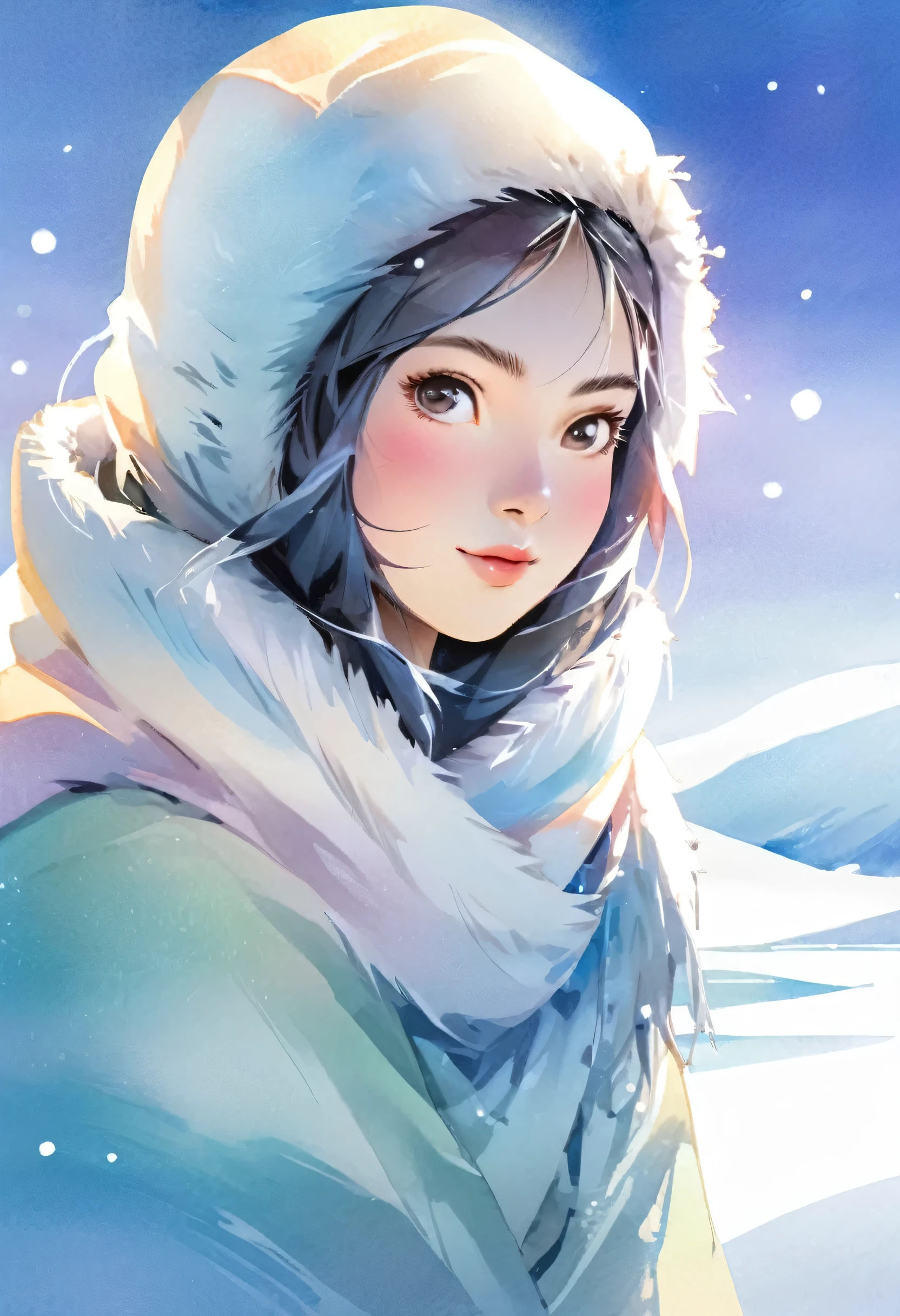 Eskimo Girl、Arctic ice、Very beautiful snow field、It reflects the sunlight and shines brightly、Nature、Feel the harshness of nature amidst the beauty、Masterpiece、Ultra high definition、Watercolor、