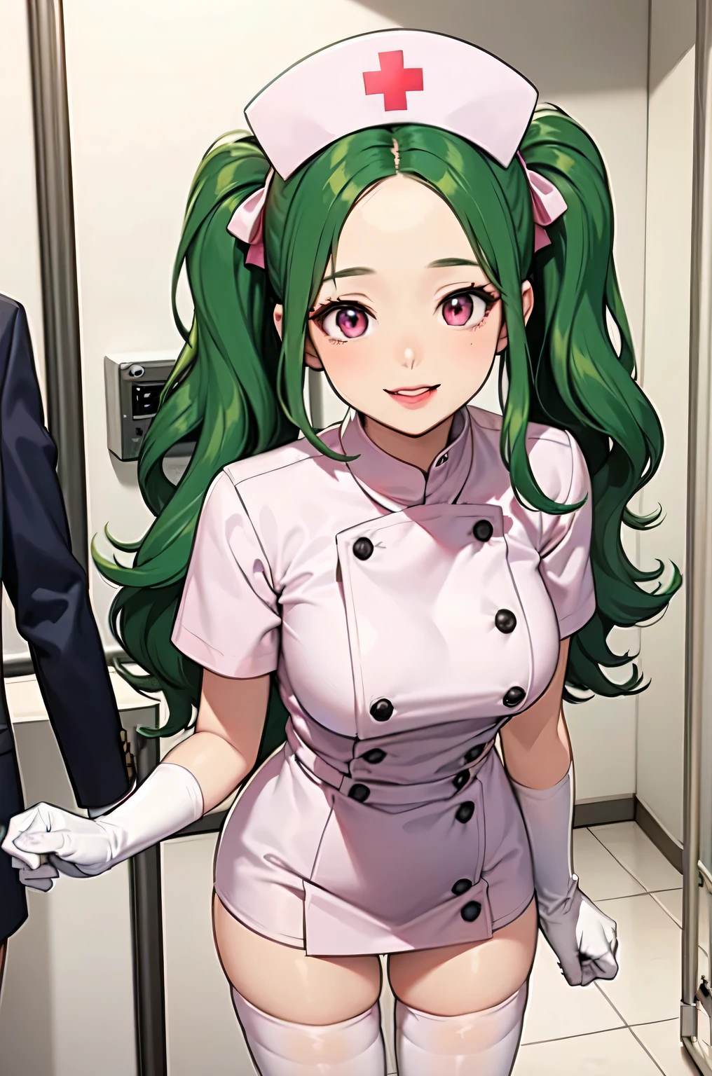 1woman, solo, nurse, white nurse cap, white nurse uniform, ((white legwear, zettai ryouiki)), white gloves, forehead, long hair, green hair, pink eyes, pink lips, smile, standing, ((hospital room)), sharp outline, short sleeves, mature female, 35 years old, best quality, masterpiece