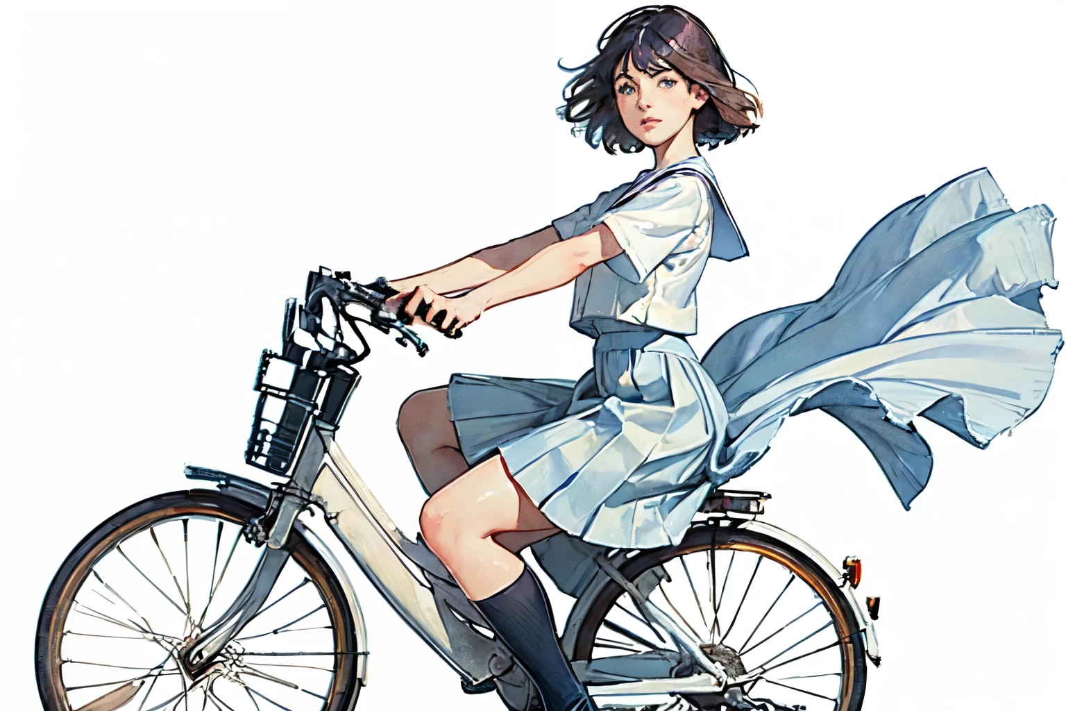 (Watercolor of singer Sargent)、Impressionist style painting、(highest quality、masterpiece)、(One girl riding a bicycle、alone、whole)、(Detailed facial depiction、View here)、Short Hair、White Sailor Suit、uniform、Long skirt、Pleated skirt、shoes、(Vintage、Classic)、(No background)、((White Background))、Blur the background、