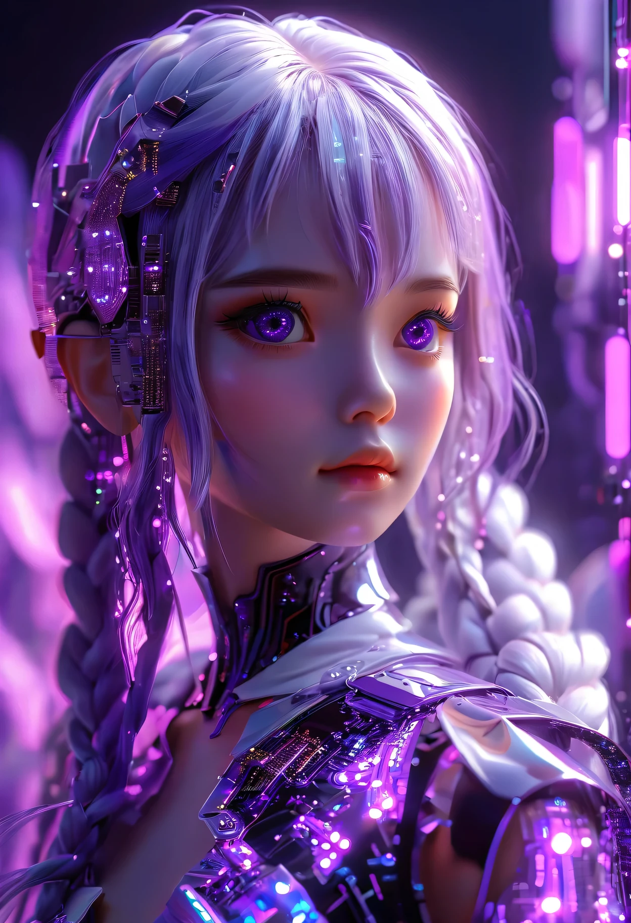 （Ultra-fine，lifelike：1.37），Dark AtmosphereDark Fantasy, Transparent hand made from circuit board, Expectations, Front view, Looks beautiful and aesthetic, An Android feeds them, soothing, The real situation, 3d rendering, Psychedelic Abstract Art：Two girls looking at the audience side by side, yinji, Purple Hair, Purple Eyes, long hair, white hair, Double braid, Gradient hair, Upper body portrait，Mythology Background，Creative composition，Attention to detail，Liquid textures and patterns，High-resolution rendering，Crystal clear，exquisite craftsmanship，Dreamy atmosphere，Sexy and charming，masterpiece：1.2。