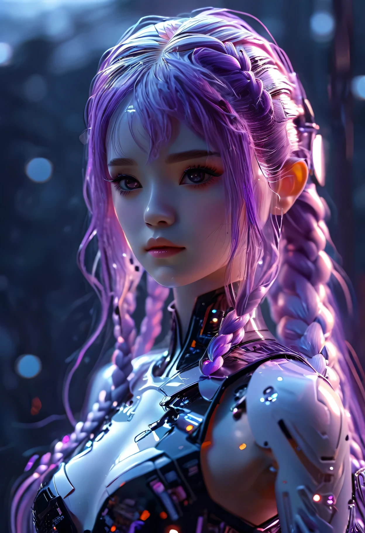 （Ultra-fine，lifelike：1.37），Dark AtmosphereDark Fantasy, Transparent hand made from circuit board, Expectations, Front view, Looks beautiful and aesthetic, An Android feeds them, soothing, 2 girls made of flowing liquid, yinji, purple hair, purple eyes, long hair, white hair, double braids, gradient hair, elegant, graceful, serene, mysterious, glowing skin, ethereal, atmospheric, (best quality,4k,8k,highres,masterpiece:1.2),ultra-detailed,(realistic,photorealistic,photo-realistic:1.37),HDR,studio lighting,extreme detail description,vibrant colors,dramatic lighting,cinematic