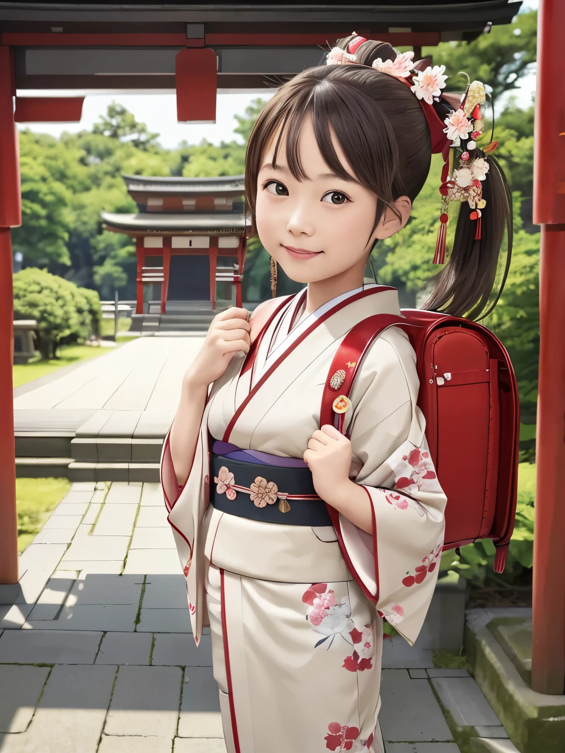 걸작, HD, 현실적인 , 초상화, 최고의 품질, 높은 해상도, 여자 1명, 갈색 머리, 포니테일, 머리 장식, 헤어리본, carrying a 학교 배낭、(학교 배낭:1.1), Wearing a Japanese 키모노 at a summer festival at a shrine, (키모노:1.1), 집 밖의, 서 있는