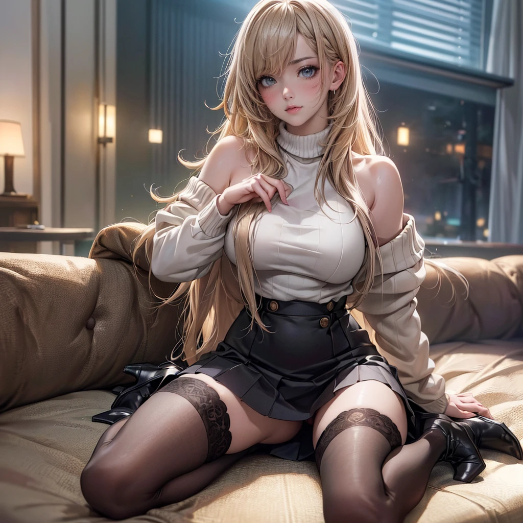 (Random Porn Pose),(Best image quality,(8k),Ultra-realistic,最high quality, high quality, High resolution, high quality texture,High detail,Beautiful details,Fine details,Extremely detailed CG,Detailed Texture,Realistic facial expressions,masterpiece,before),sweater,Tight mini skirt,stockings,Engineer boot