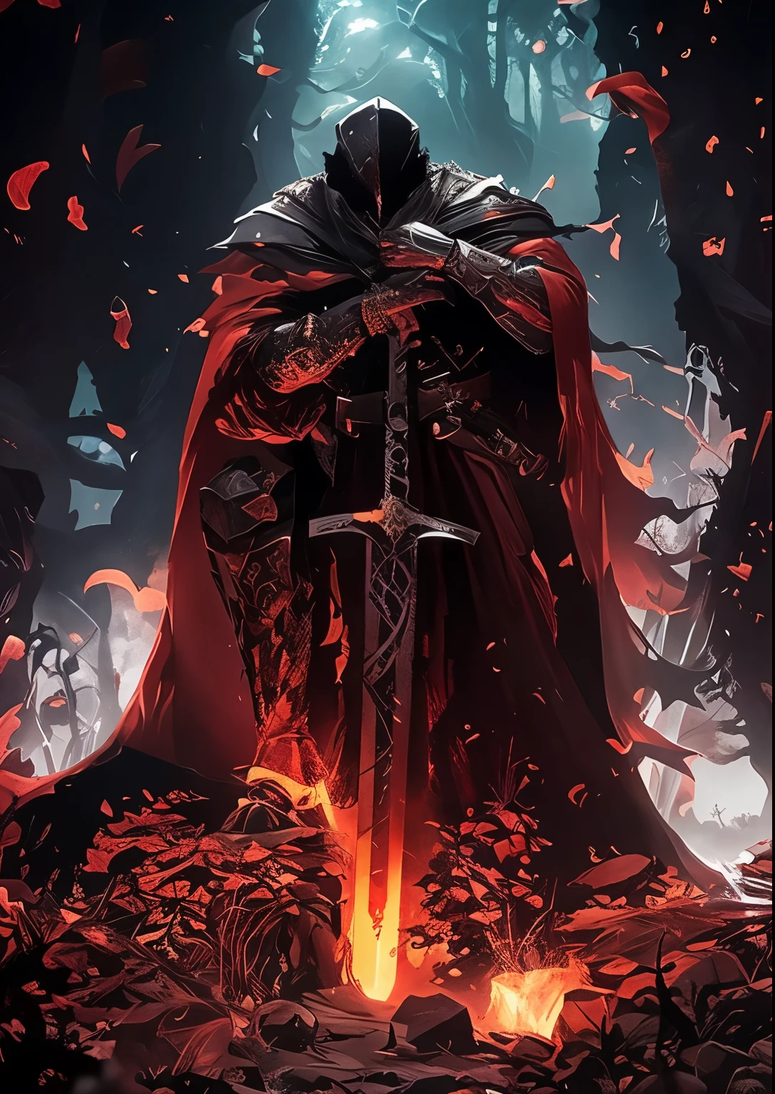 a man in a cloak holding a sword in a dark black and red forest, hold a sword in the forest, GLOWING SWORD (red),dark fantasy style art, dark fantasy artwork, 8K fantasy art, dark fantasy style, 4k fantasy art, epic fantasy art style hd, dark fantasy art, dark fantasy concept art, Epic fantasy in digital art style., in style of dark fantasy art, GLOWING SWORD in hand