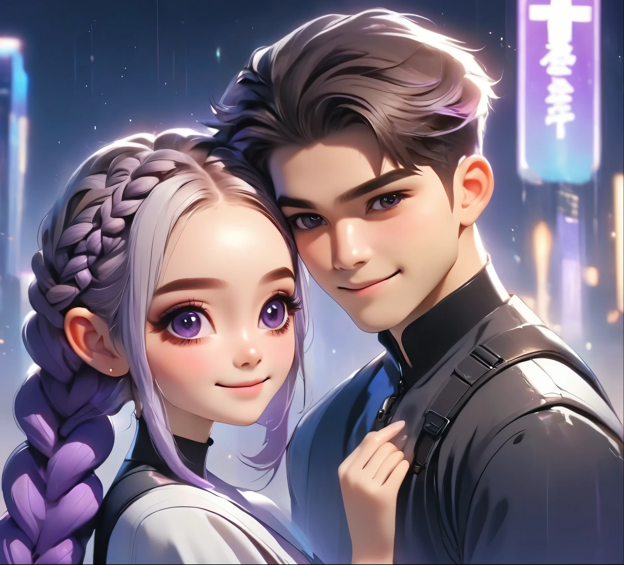 1 boy,Girl with purple and white gradient double braids,romantic couple,Smiling Face,as thick as thieves,Background blur,high quality,Artistic sense,cinematic atmosphere,Luxury lighting