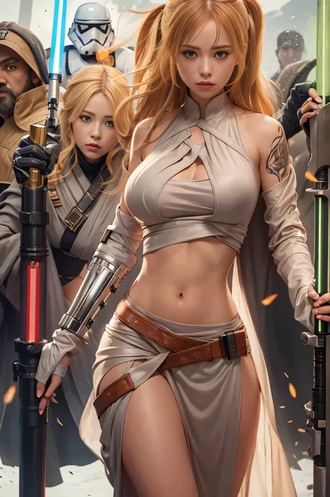 ((RAW Image Quality:1.4)), Sexy woman holding lightsaber sword wearing star wars bikini by arafe, Put on Jedi robes, Blonde, Sho...