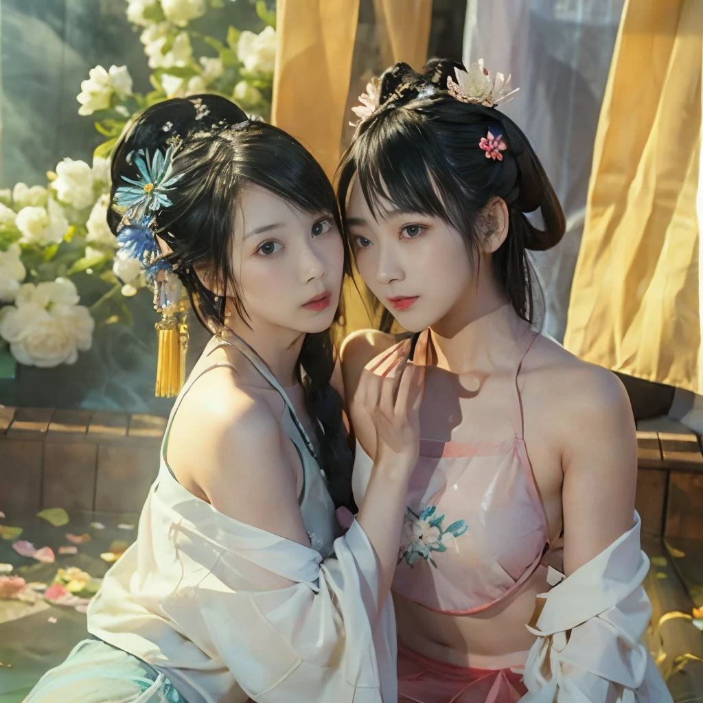 2 garota,(Fundo: mar de flores),olhando para o espectador,photorealista,realista,Sozinho,hanfu:1.5,cheongsam,ar livre:2,