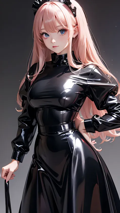 A woman wearing a latex maid outfit、Long sleeve、Tight long skirt、Latex shirts、
