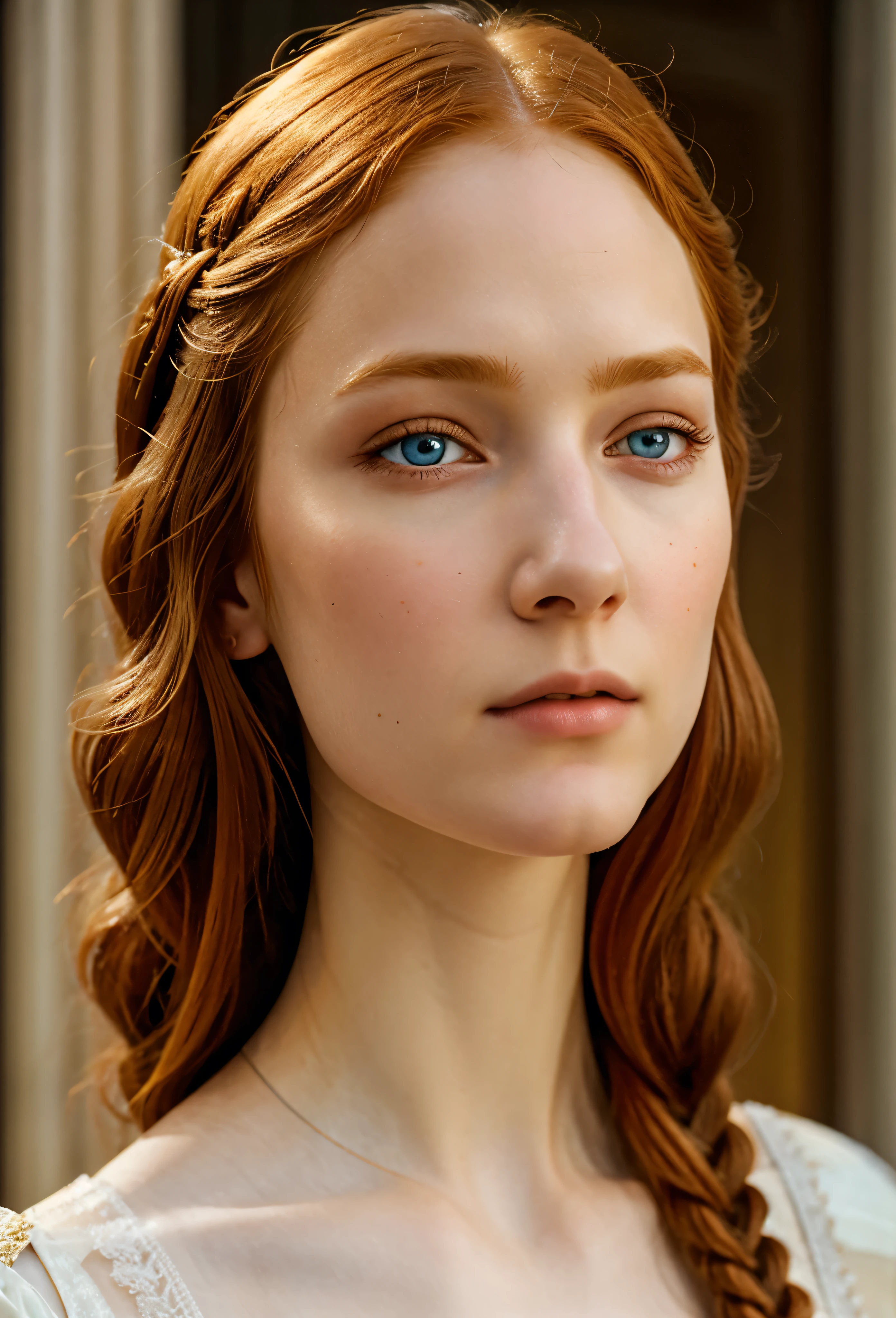 1girl, 18yo, formal clothes, fanciful braided ginger hair, detailed face, beautiful blue eyes, detailed nose and lips, long eyelashes, porcelain skin, serene expression, elegant posture, intricate floral dress, mid-shot, dramatic lighting, warm color palette, photorealistic, 8k, ultra-detailed, masterpiece,  full body