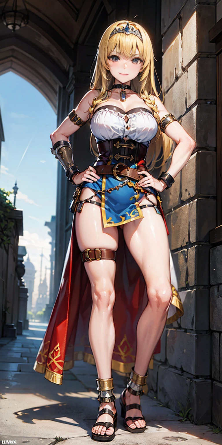 full body whole body 1sologirl loincloth standing warrior proud expression, hands on hips, loincloth standing, hands on hips, metal sandals, choker, big belt, view from below, feet together, bracers, tiara