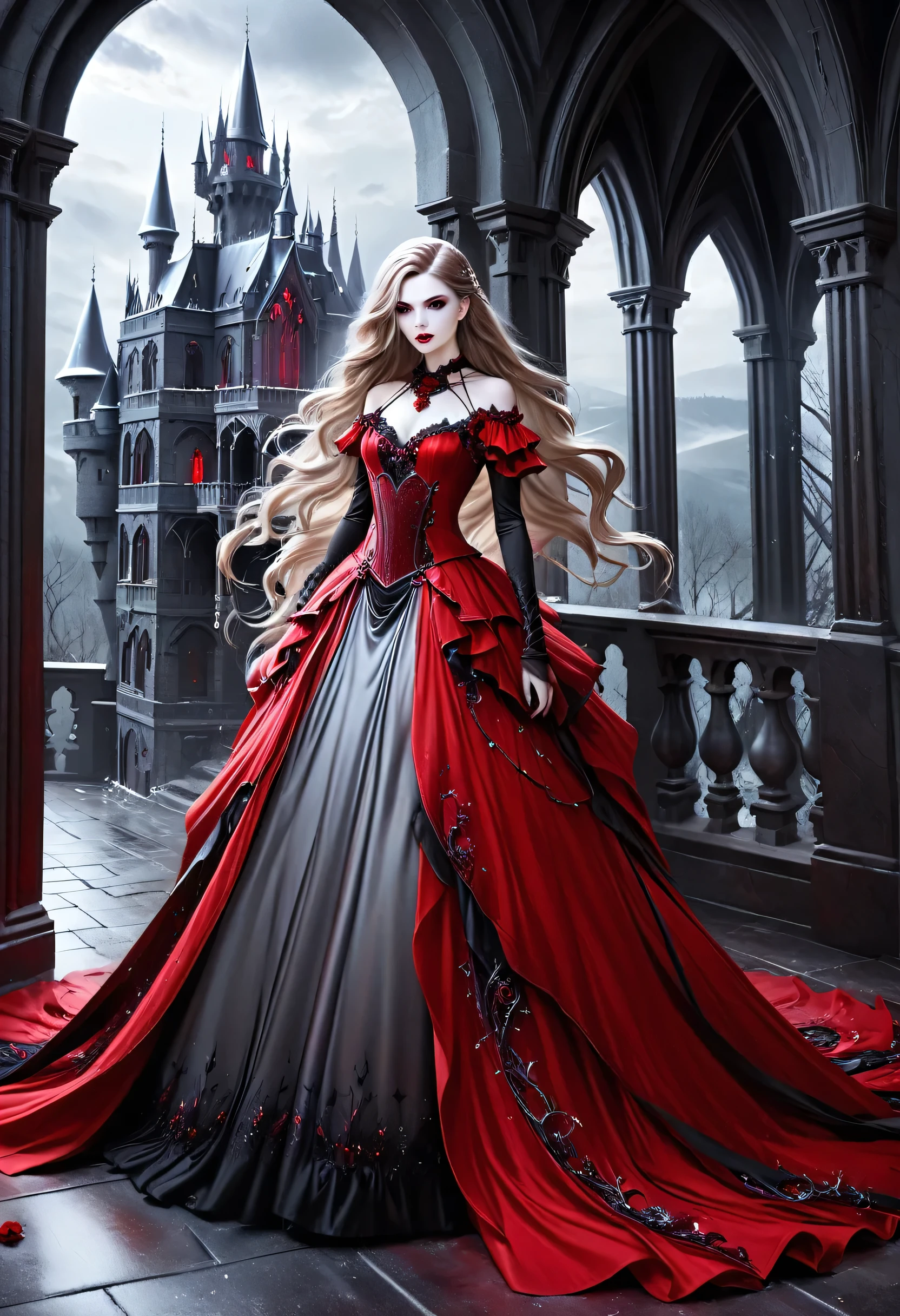 Dark fantasy art, fantasy art, goth art,  a picture of a female vampire, exquisite beauty, full body shot, dark glamour shot,  pale white skin, dark blond hair, long hair, wavy hair, (icy grey: 1.3) eyes,  she  wears a (red: 1.3) dress, ArmoredDress, entwined with (black: 1.3)  roses, high heells, dark castle porchm, RagingNebula