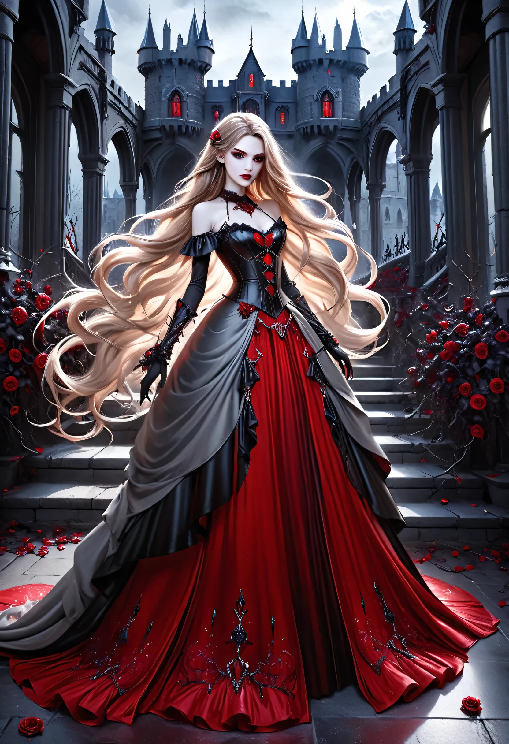 Dark fantasy art, fantasy art, goth art,  a picture of a female vampire, exquisite beauty, full body shot, dark glamour shot,  pale white skin, dark blond hair, long hair, wavy hair, (icy grey: 1.3) eyes,  she  wears a (red: 1.3) dress, ArmoredDress, entwined with (black: 1.3)  roses, high heells, dark castle porchm, RagingNebula