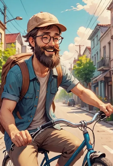 Drawing. Close up of a happy man with beard, wear glasses,hat,a riding a bicycle in town dreamyvibes artstyle