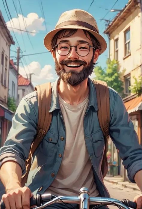 Drawing. Close up of a happy man with beard, wear glasses,hat,a riding a bicycle in town dreamyvibes artstyle