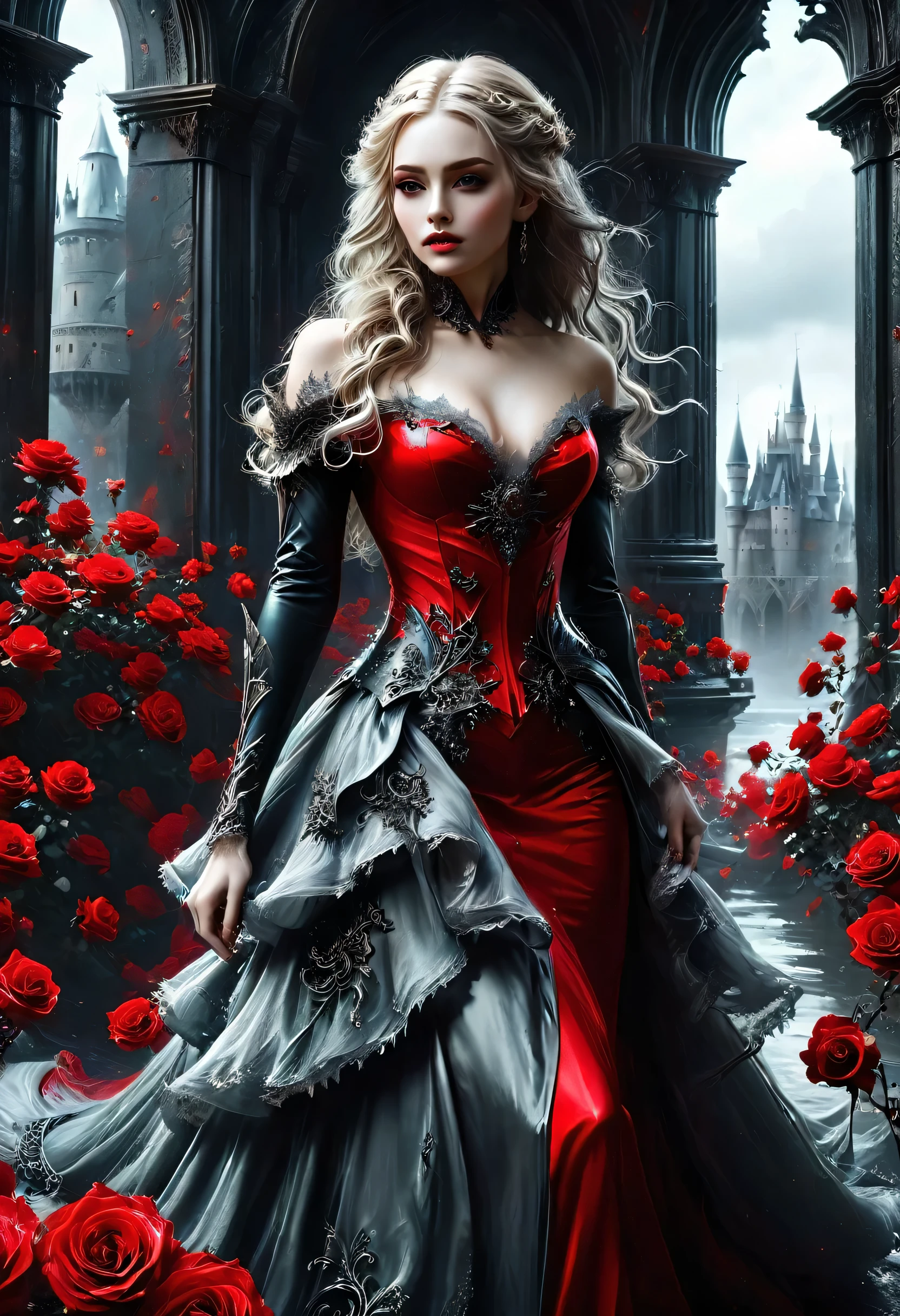 Dark fantasy art, fantasy art, goth art,  a picture of a female vampire, exquisite beauty, full body shot, dark glamour shot,  pale white skin, dark blond hair, long hair, wavy hair, (icy grey: 1.3) eyes,  she  wears a (red: 1.3) dress, ArmoredDress, entwined with (black: 1.3)  roses betmd, high heells, dark castle porchm, RagingNebula