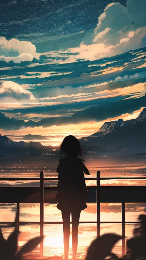 anime,silhouette,1girl, cloud, outdoors, skyscraper, city lights, blue sky, skyline,morning,waking,in nature,mountain,couple