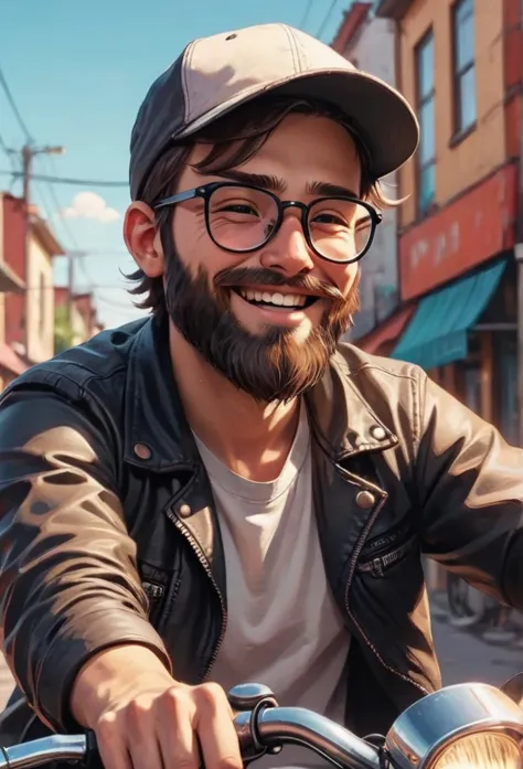 Drawing. Close up of a happy man with beard, wear black glasses,baseball cap, ,a riding a motorcycle in town dreamyvibes artstyl...