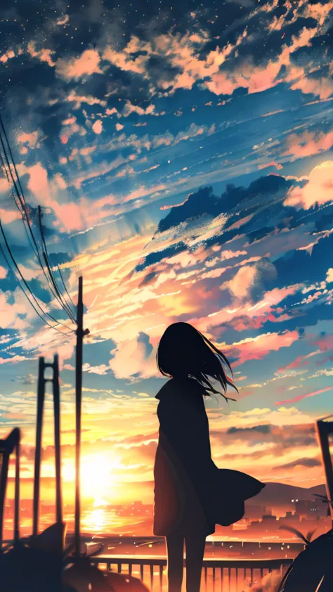 anime,silhouette,1girl, cloud, outdoors, skyscraper, city lights, blue sky, skyline,morning,waking,in nature,mountain,couple