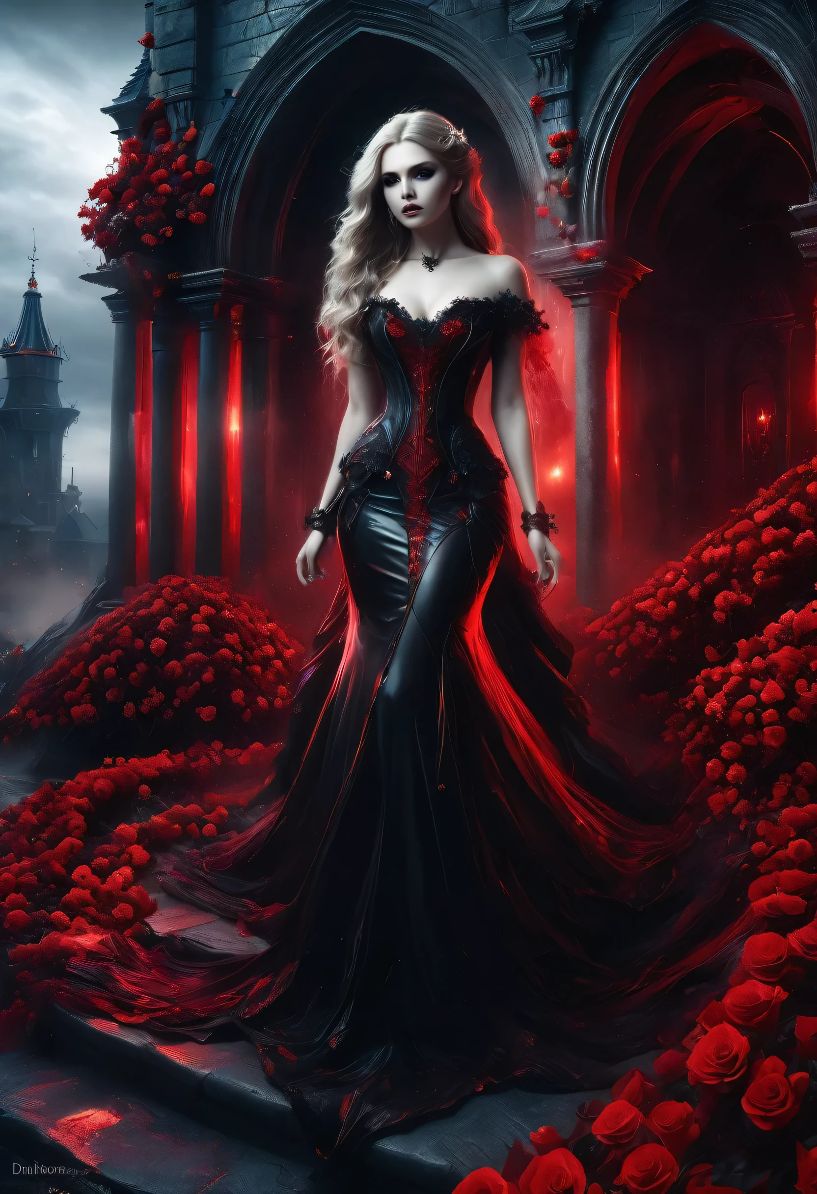 Dark art fantastique, art fantastique, art gothique,  une photo d&#39;une femme vampire, beauté exquise, Prise de vue complète du corps, photo sombre et glamour,  peau blanche pâle, cheveux blond foncé, cheveux longs, cheveux ondulés, (gris glacé: 1.3) yeux,  elle porte un (rouge: 1.3) robe, ArmorougeDress, enlacé avec (noir: 1.3)  roses pariées, talons hauts, porche sombre du château, nébuleuse enragée