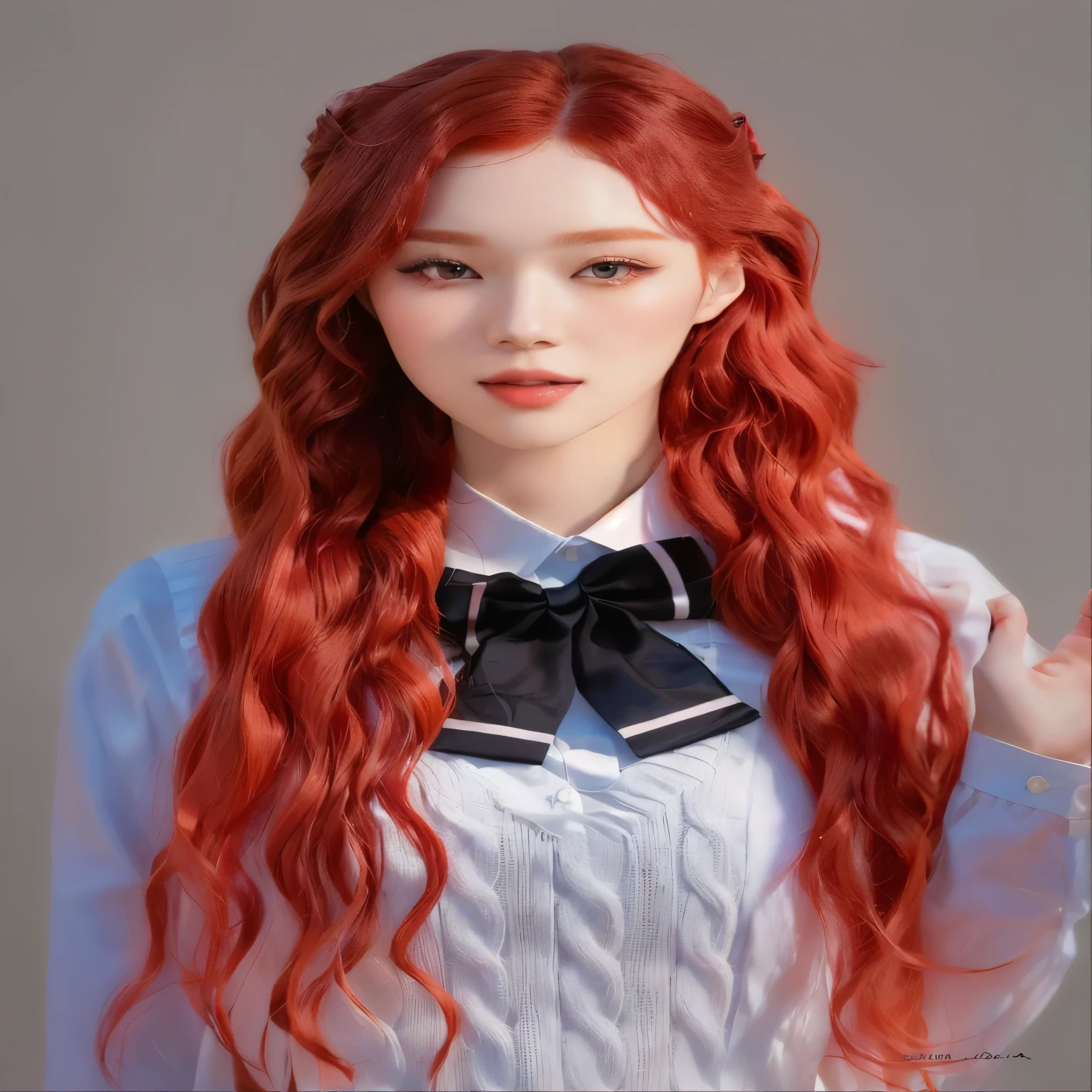 a close up of a woman with long red hair wearing a bow tie, with curly red hair, with long red hair, portrait of jossi of blackpink, ulzzang, with long wavy red hair, kim doyoung, she has long redorange hair, with red hair, park ji-min, taejune kim, jaeyeon nam, with long curly hair