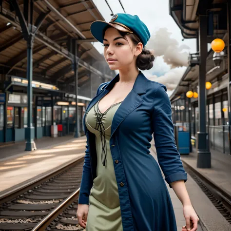 1 girl,  aviator hat ,   solo,   steam punk, train station,  , steam, smoke, masterpiece, highly detailed,hdr,8k resolution, bes...