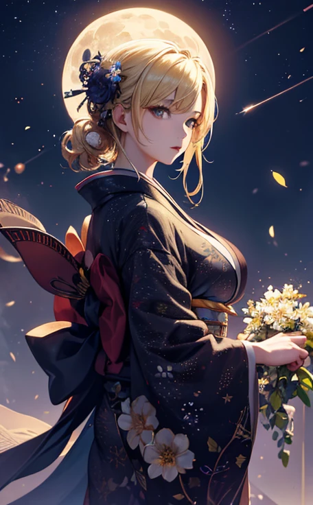 masterpiece, high quality, 4K, Beautiful design, silhouette，blonde， 非常に詳細な夜のStarry Sky,Flower Field， wonderful, Finer details,  Very knowledgeable woman, Highly detailed solo, 1 female,Big Breasts，kimono，Night view，Starry Sky，full moon，