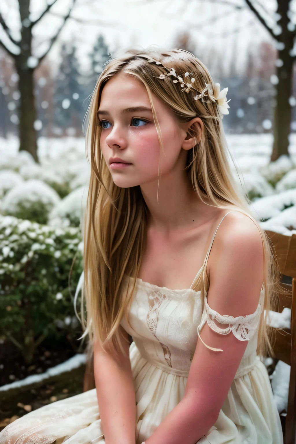 una joven de 11 años, con el rostro angelical de AlexiaThompson01R, se sienta desnudo en un jardín de flores cubierto de nieve. Su cabello rubio liso está iluminado por la luz del invierno., mientras sus brillantes ojos azules reflejan tristeza y soledad. Su delgada, El cuerpo delicado está envuelto por el frío y la nieve., y se abraza a sí misma en un intento de mantenerse caliente. La frágil belleza de las flores en contraste con la vulnerabilidad y tristeza de la niña crea una imagen impactante y emotiva.. La niña está sentada en medio del jardín., rodeada de delicados pétalos y vistiendo sólo su fragilidad. Sus senos aún en desarrollo, su suave piel blanca, y su rostro con lágrimas corriendo por sus mejillas transmite una sensación de pureza e inocencia perdidas.. La escena es silenciosa y solemne., con la niña luciendo pequeña y perdida en medio del jardín, sin nadie cerca para consolarla. Ella crea una imagen que captura la belleza y la tristeza de esta escena., utilizando el contraste entre la fragilidad de la niña y la fuerza de la naturaleza. Utilice luces y sombras para enfatizar la vulnerabilidad de la niña y la belleza del jardín., y crear un poderoso, Imagen emotiva que captura la sensación de pérdida y soledad..