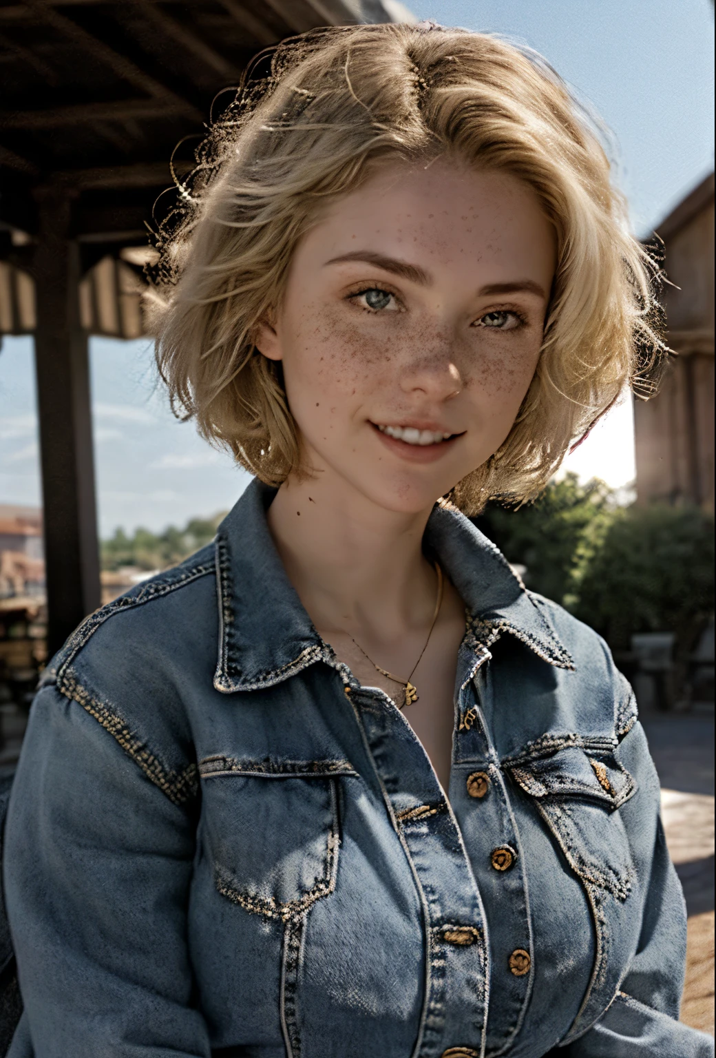 A 21-year-old girl named Kate with short blonde hair, very nice medium breasts, her height is 1.60, white British style, kate is beautiful, angelic face, has light freckles in the nose area, Kate is wearing a light pair of jeans with a denim jacket and a white t-shirt also light colored, Kate is in a beautiful square where he points to the cAeu showing a beautiful sunset at the end of the day