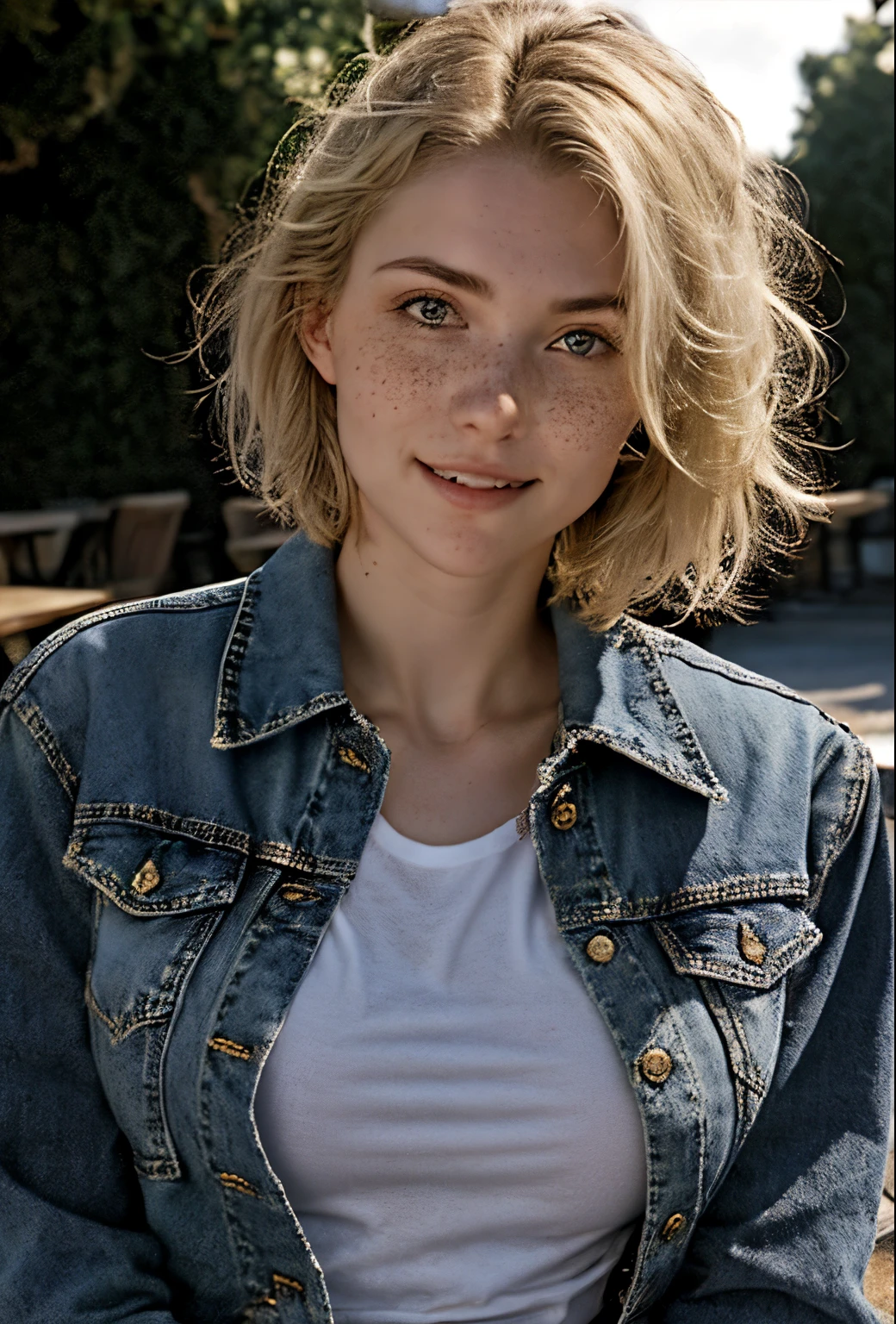 A 21-year-old girl named Kate with short blonde hair, very nice medium breasts, her height is 1.60, white British style, kate is beautiful, angelic face, has light freckles in the nose area, Kate is wearing a light pair of jeans with a denim jacket and a white t-shirt also light colored, Kate is in a beautiful square where he points to the cAeu showing a beautiful sunset at the end of the day