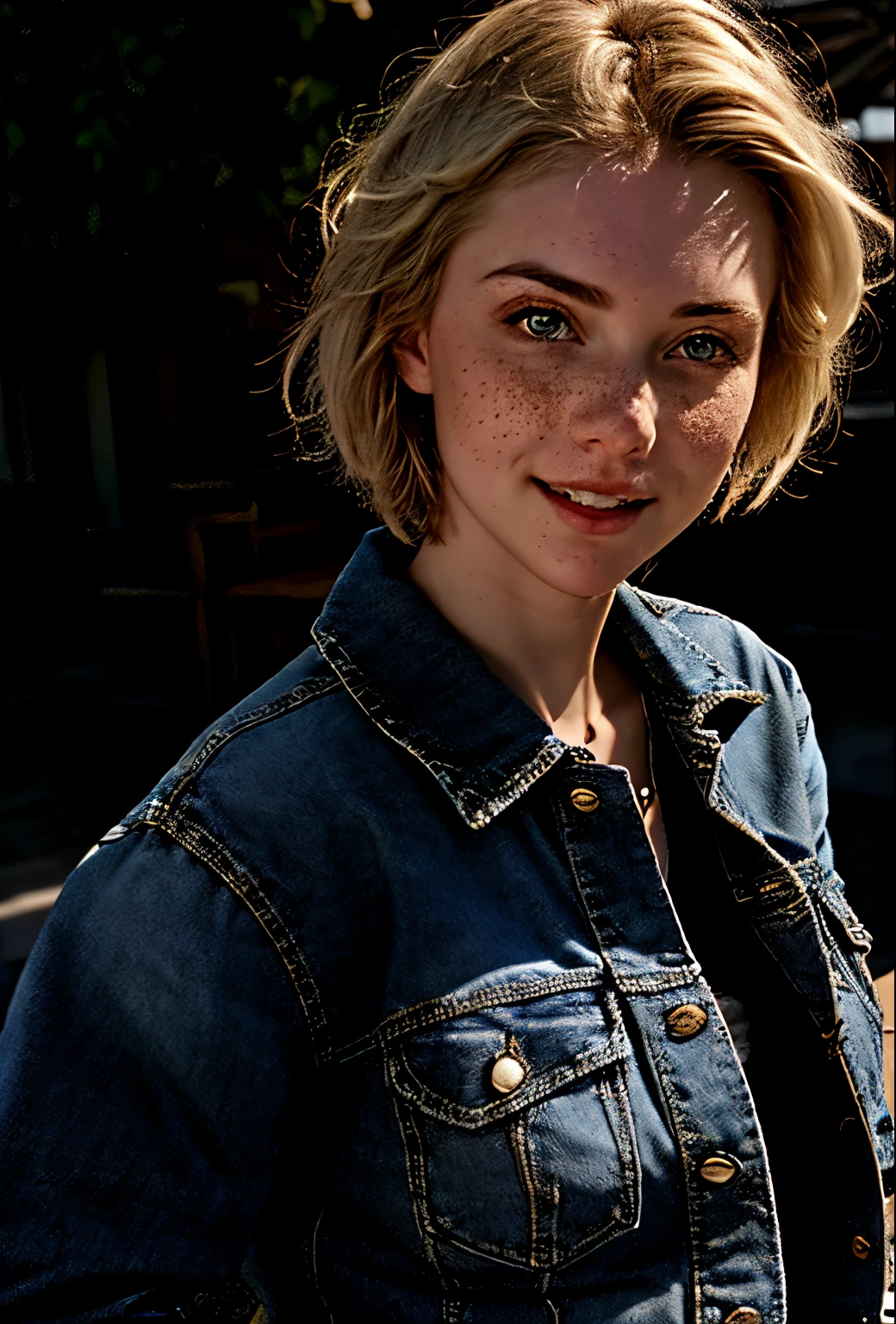 A 21-year-old girl named Kate with short blonde hair, very nice medium breasts, her height is 1.60, white British style, kate is beautiful, angelic face, has light freckles in the nose area, Kate is wearing a light pair of jeans with a denim jacket and a white t-shirt also light colored, Kate is in a beautiful square where he points to the cAeu showing a beautiful sunset at the end of the day